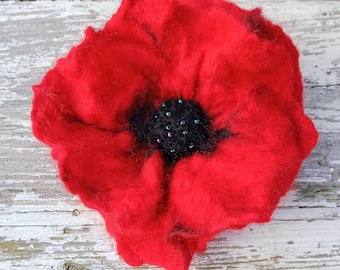 Large Handfelted Red Poppy Brooch: Merino Wool & Alpaca Fiber Pin