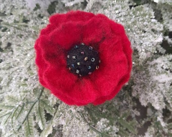 Felted Red Poppy Pin ~ Alpaca Fiber Flower Brooch ~ Wet / Needle felted Poppies ~ Original Fiber Art
