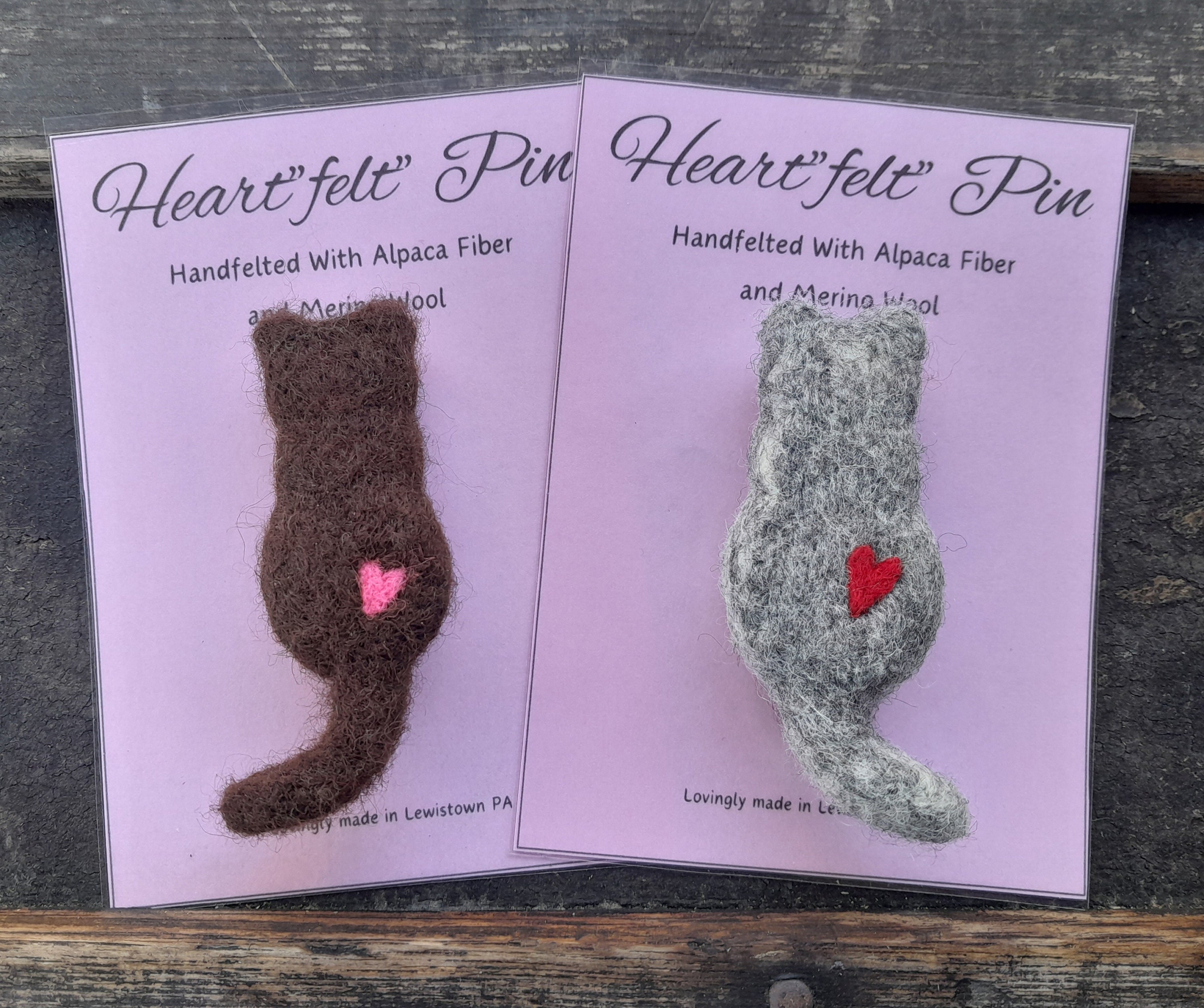 Needlefelted Heart"felt" Kitty Cat Pins ~ Handfelted with Alpaca Fiber and Merino Wool ~