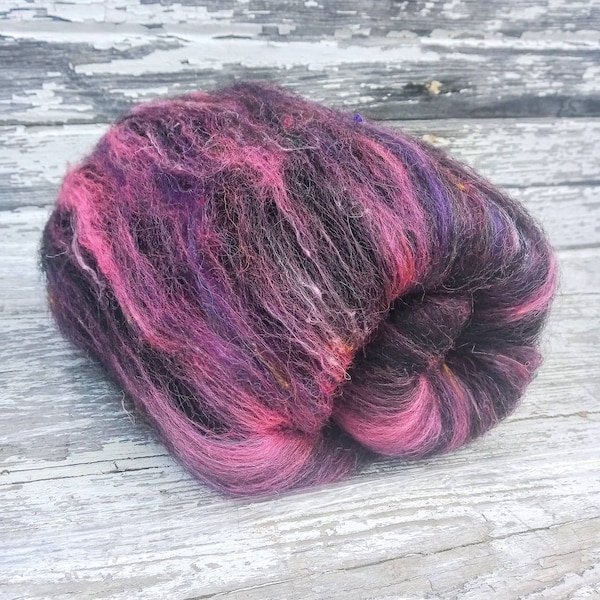 Beautiful & Original Alpaca Fiber Art Batt 2.8 oz. ~ "Midnight Magic" ~ Black Huacaya Alpaca, Pink, Purple Merino, Firestar, Sari Silk Blend