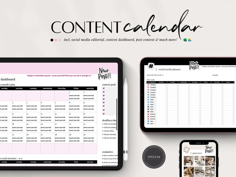 Digital Social Media Planner, Editorial Content Calendar, Social Media Schedule, Digital Media Manager, Google Sheets & Excel 