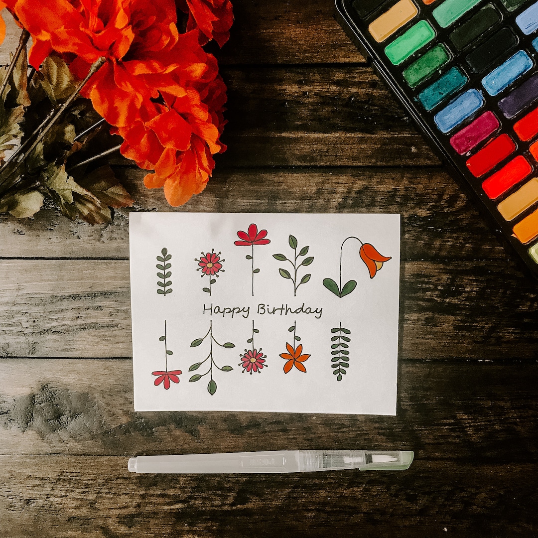 Birthday Card Handmade Watercolor Flowers and Vines - Etsy