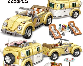 Volkswagen VW Beetle Wagon Car Scale model Bricks Blocks Building With Trailer City Mini Camper Vehicle Sets Children Kids Toys Gift