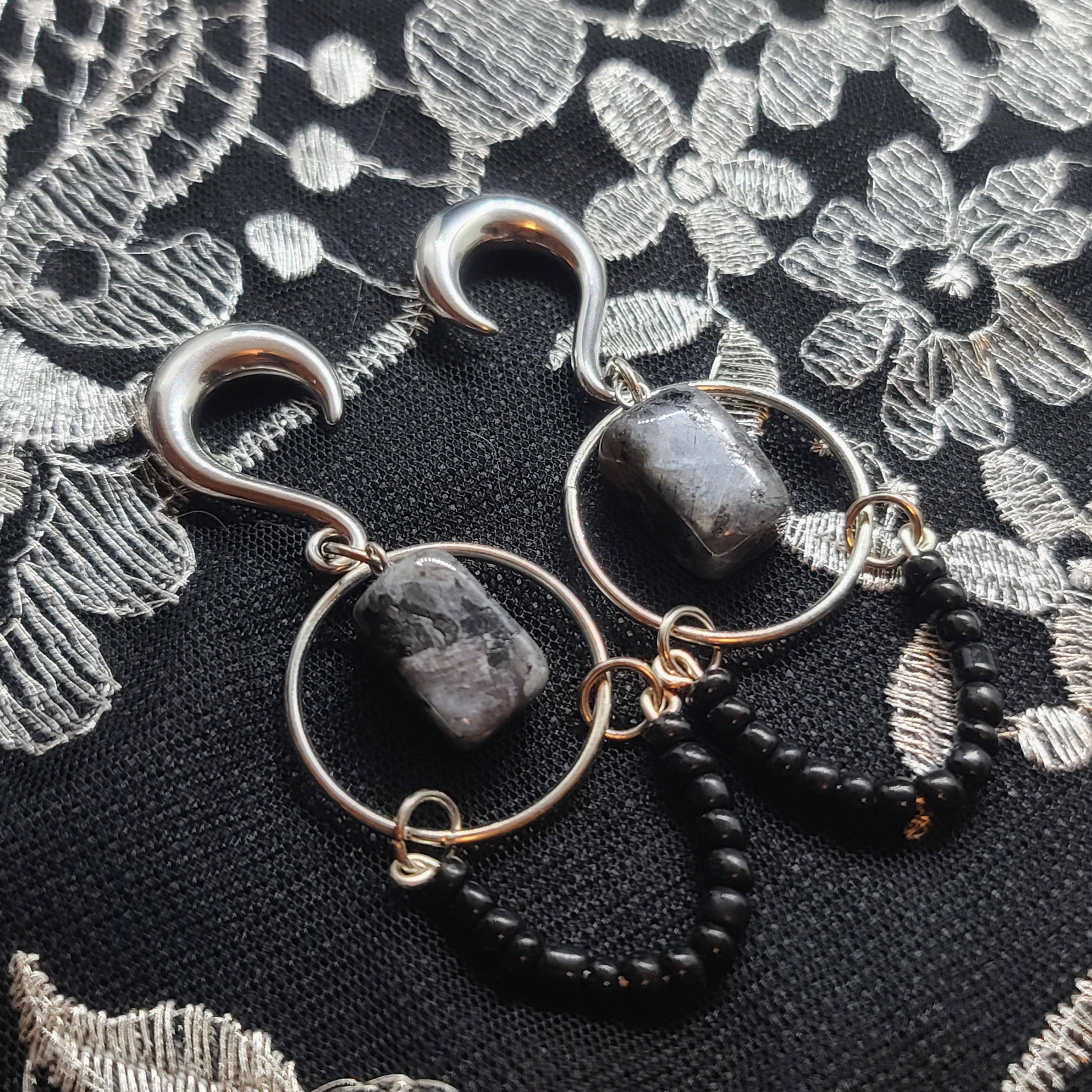 Black Labrodite Beaded Gauges 6mm/2g Ear Hangers/ Ear Weights/ Plugs/  Crystal Gauges/ Dangling Gauges/ Handmade/ Unique Plugs/ Silver 