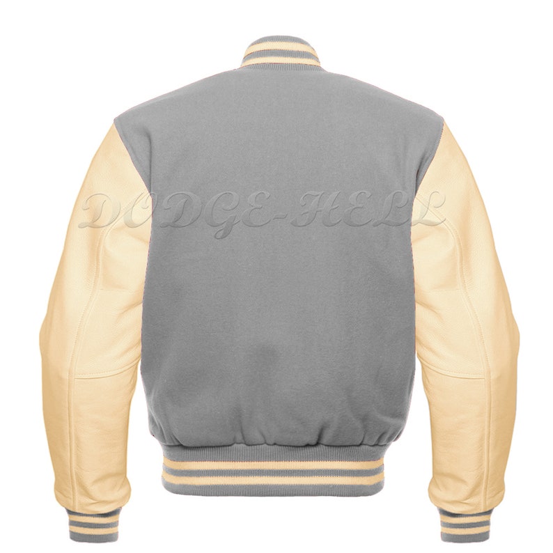 Baseball Varsity Letterman Bomber Grey Wool /& Genuine Cream Leather Sleeves