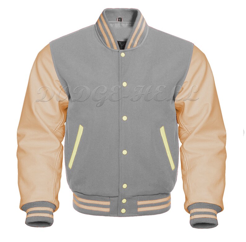 Baseball Varsity Letterman Bomber Grey Wool /& Genuine Cream Leather Sleeves