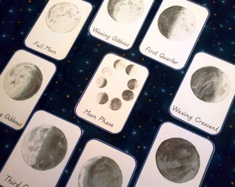 PRINTABLE Moon phase nomenclature cards. Moon phase 3 part cards. Watercolour moon phase flashcards