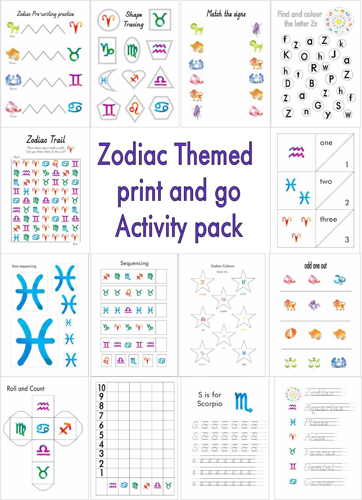 PRINTABLE Zodiac Themed Activity Pack Etsy New Zealand