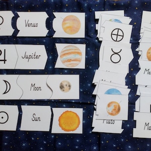 May include: A set of white cards with black text and illustrations of planets and their symbols. The cards are arranged in rows and include the names of planets like Jupiter, Venus, and Mercury, along with their corresponding symbols.
