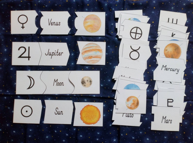 May include: A set of white cards with black text and illustrations of planets and their symbols. The cards are arranged in rows and include the names of planets like Jupiter, Venus, and Mercury, along with their corresponding symbols.
