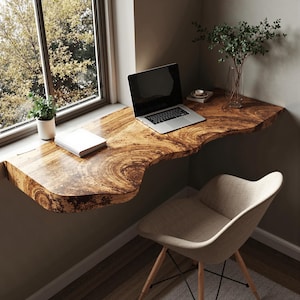 Handcrafted floating desk rustic live edge shelf handmade wall mounted bracket desk children study table natural wood home office table