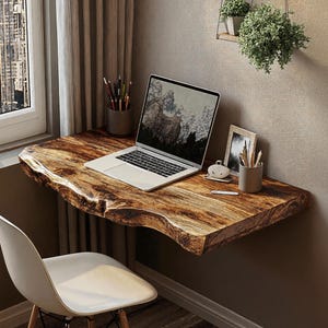 Reclaimed floating desk handmade wall mounted bracket desk rustic live edge shelf children study table natural wood home office table