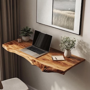 Reclaimed wall mounted bracket desk handmade floating desk rustic live edge shelf children study table natural wood home office table