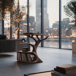 Mid Century Record Player Stand Solid Wood Turntable Stand Media Reclaimed Record Storage Stereo Cabinet Living Room Furniture
