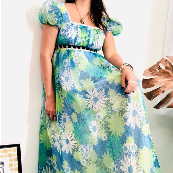 Vintage 1960’s Floral Teal Blue Chiffon Maxi Dress