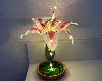 Pink Lily Flower Lamp, Enchanted Flower Lamp, Home Decor, Wedding Decor, Flower Lamp, Pink Tiger Lily