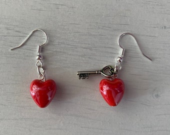 Red ceramic heart bead earrings with or without key charm