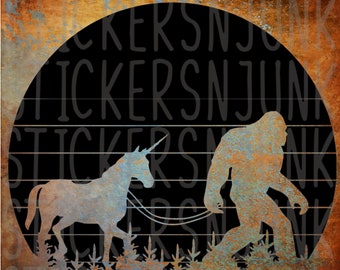 May include: A black and white silhouette of a unicorn and Bigfoot walking side-by-side against a rustic wood background. The image is in a circle shape.