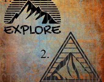 May include: Two black and white graphic designs with mountain imagery. The first design is a circle with a mountain range inside and the text "EXPLORE". The second design is a triangle with a mountain range inside and the text "EXPLORE MORE".