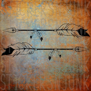 May include: Two black feathered arrows with a rustic background. The arrows are pointing to the right.