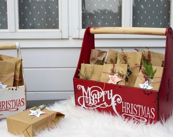 Carrying basket metal with handle antique white / red with Christmas motif