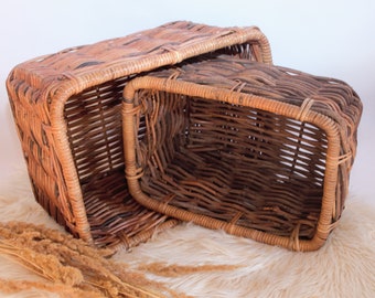 Storage basket with natural wicker handles in two sizes