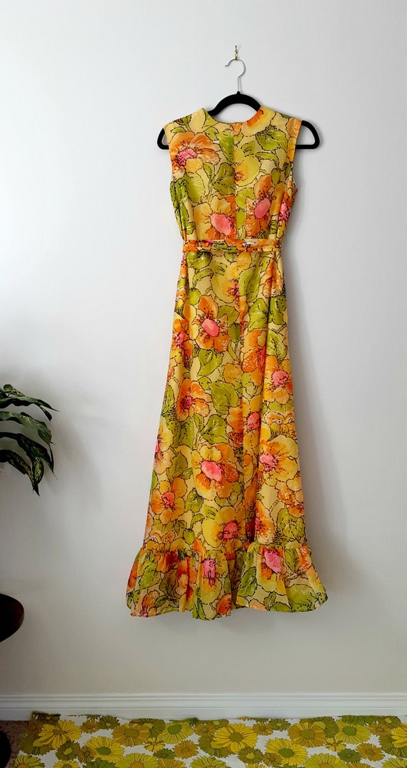 70's Yellow Floral Floor Length Dress