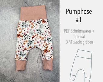 May include: A PDF sewing pattern for baby bloomers with a floral print. The pattern includes a tutorial and three sizes. The pattern is called "Pumphose #1".