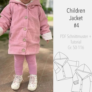 May include: A pink corduroy jacket with a hood and button closure. The jacket has white stripes on the cuffs. The image also shows a line drawing of the jacket pattern. The text on the image reads "Children Jacket #4 PDF Schnittmuster + Tutorial Gr. 50-116".
