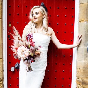 Beautiful bridal bouquet, rustic toned dried materials with large faux dahlia