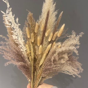 Dried flower bouquet with a mix of natural coloured flowers, foliage and pampas.