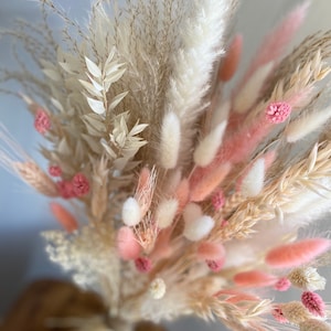 Delicate pink, bleached white and natural dried flower bouquet, including pampas and bunnytails