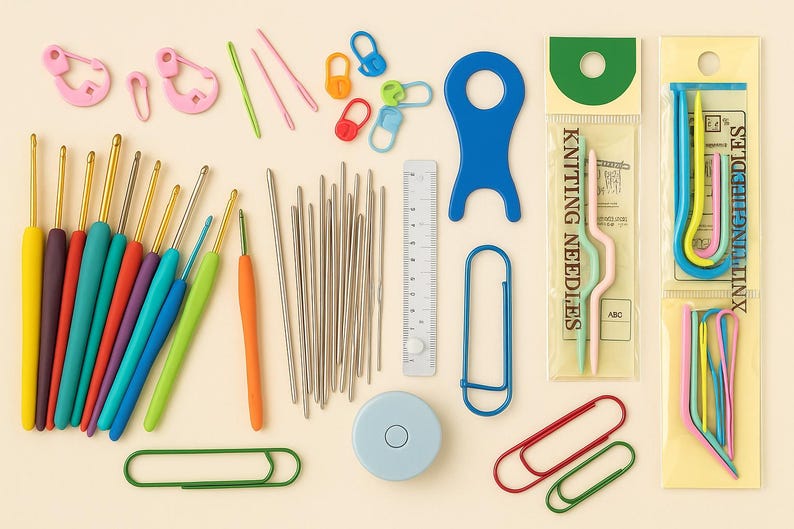 Pode incluir: Uma cole&ccedil;&atilde;o de ferramentas coloridas de croch&ecirc; e tric&ocirc;, incluindo agulhas de croch&ecirc; com cabos coloridos, agulhas de metal, marcadores de ponto, clipes de papel e uma fita m&eacute;trica. As ferramentas est&atilde;o dispostas sobre uma superf&iacute;cie bege clara.