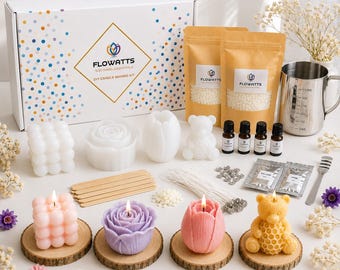DIY Soy Candle Making Kit with 4 Silicone Molds | Teddy Bear, Rose, Tulip & Cube | Complete Beginner Candle Craft Gift Set