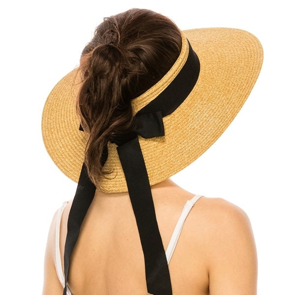 Chapeau pare-soleil sans couronne sophistiqué mais décontracté avec un noeud en ruban noir, chapeau tendance, chapeau d'été, chapeau de plage, chapeau pour femme, chapeau de soleil