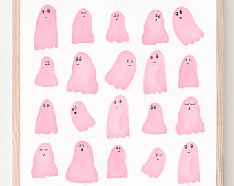 Pink Ghost Print Watercolor Illustration, Halloween Instant Download, Ghost Ghouls Wall Art, Gift, Digital Download, Spooky Season
