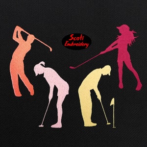 May include: Four embroidered silhouettes of people playing golf. The silhouettes are in different colors: orange, pink, yellow, and red. The text "Scoti Embroidery" is in a red oval in the upper center of the image.