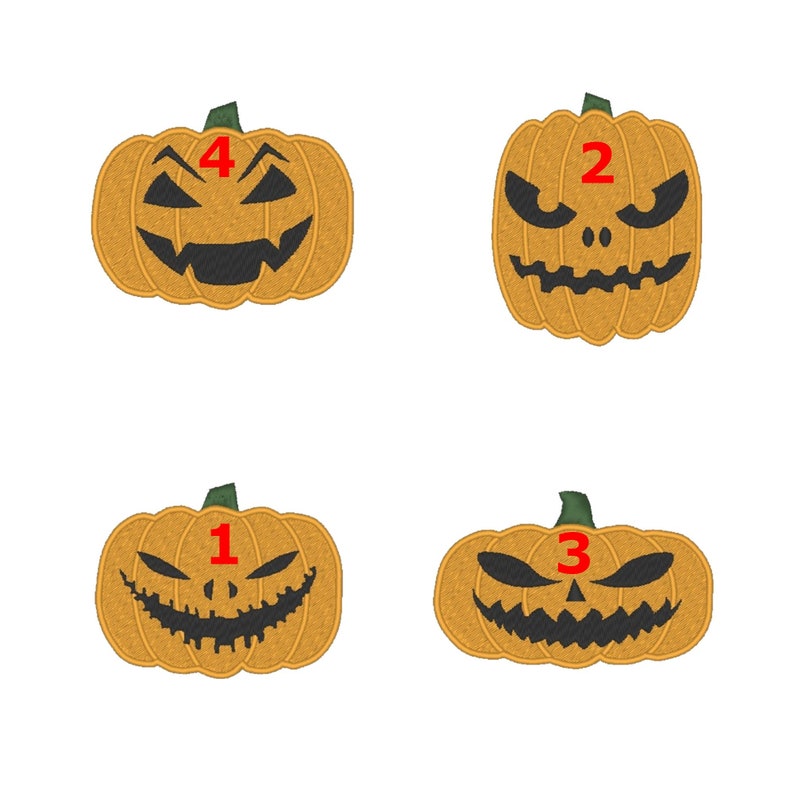 May include: Four orange jack-o'-lantern pumpkins with black eyes, noses, and mouths. Each pumpkin has a red number on the top, 1 through 4.