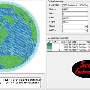 May include: An embroidered Earth patch design, with green continents and blue oceans. The design measures approximately 98mm by 98mm. The Scoti Embroidery logo is in the bottom right corner of the image.