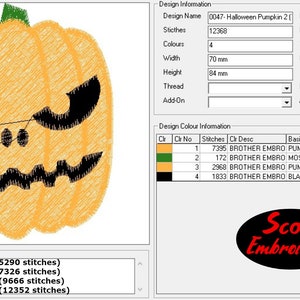 May include: A digital design for an orange and black Halloween pumpkin with a stitched design. The design is 70 mm wide and 84 mm high. The design is available in four colors and requires 12,368 stitches.