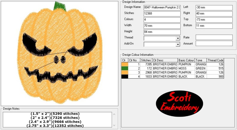 May include: A digital design for an orange and black Halloween pumpkin with a stitched design. The design is 70 mm wide and 84 mm high. The design is available in four colors and requires 12,368 stitches.