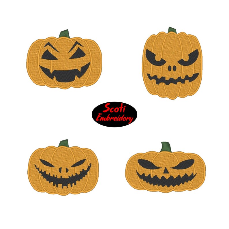 May include: Four orange jack-o'-lantern pumpkins with different scary faces. The pumpkins are all the same size and shape, and they are all facing forward. The pumpkins are on a white background.