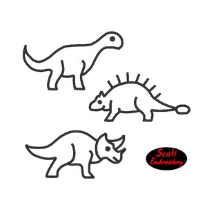 May include: Black and white line art illustration of three dinosaurs. The dinosaurs are a long-necked dinosaur, a spiky dinosaur, and a three-horned dinosaur. The image includes the text "Scoti Embroidery".