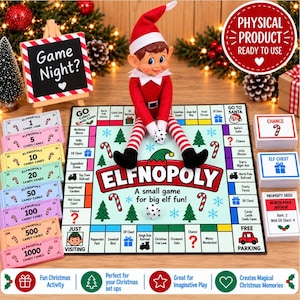 May include: A board game titled Elfnopoly featuring a light blue playing surface with Christmas-themed spaces, a red and white elf doll, two white dice, stacks of colourful play money labelled Candy Canes, and card decks for Chance and Elf Chest.