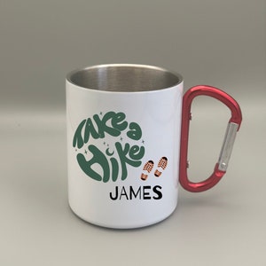 Personalised Hiking Mug: Stainless Steel Carabiner Clip, &#39;Take a Hike&#39; Design