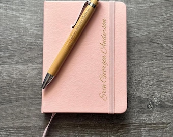 Personalized Pink A6 Notebook: Engraved Bamboo Pen Set