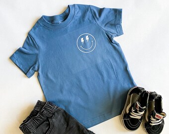 Indigo Blue Baby and Kids Smiley Face lightning Bolt Shirt | Lightning Bolt Smiley Face Tee