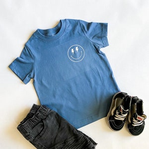 Indigo Blue Baby and Kids Smiley Face lightning Bolt Shirt | Lightning Bolt Smiley Face Tee