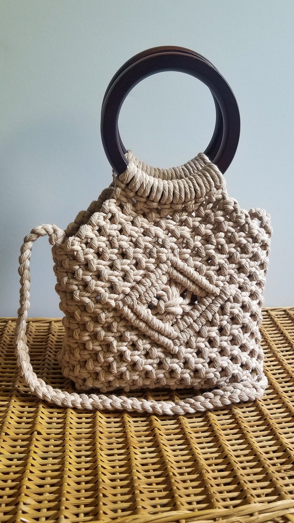 Small Tan Macrame Shoulder Bag W/ Strap Etsy