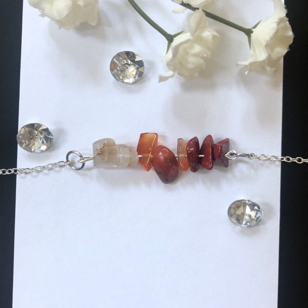 Self Confidence: Crystal Healing Horizontal Bar Necklace, Bracelet, or Anklet made of Rutilated Quartz, Red Carnelian, Red Jasper